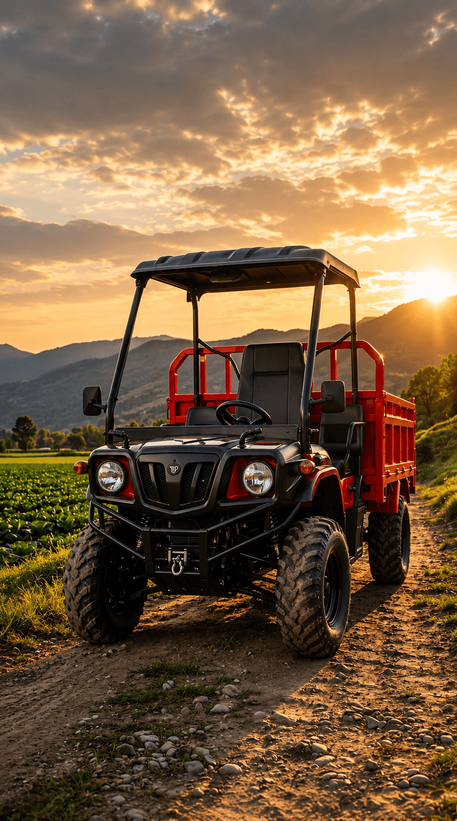 Tunwal E-ATV on farm track at golden sunset