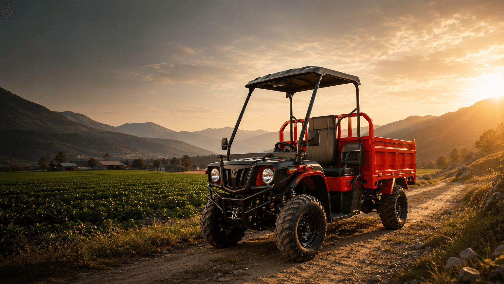 Tunwal E-ATV on farm track at golden sunset